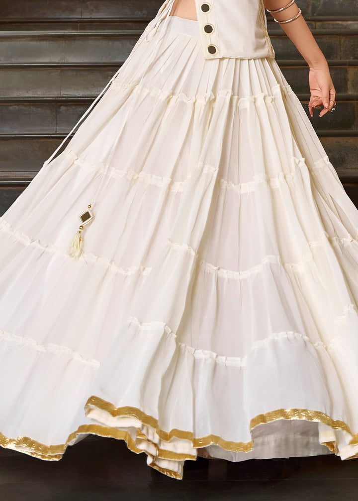 Ivory White &amp; Gold Georgette Navratri Lehenga Choli with Mirror-Detail Koti and Tassels