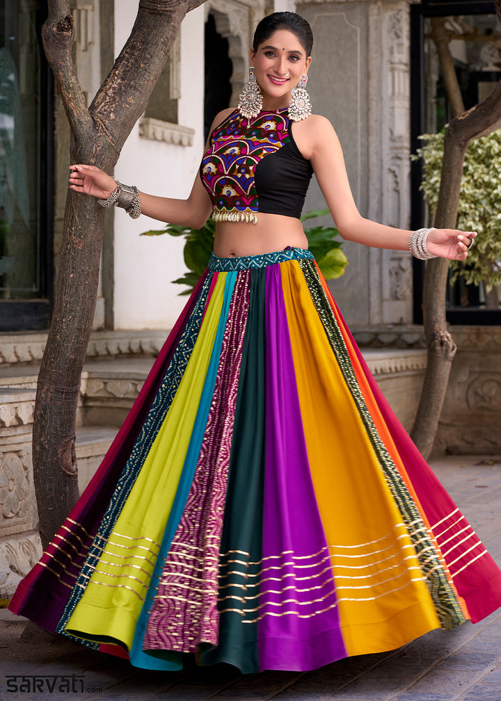 Multicolored Patchwork Rayon Lehenga Set with Gota Patti Detailing &amp; Mirror Work Blouse