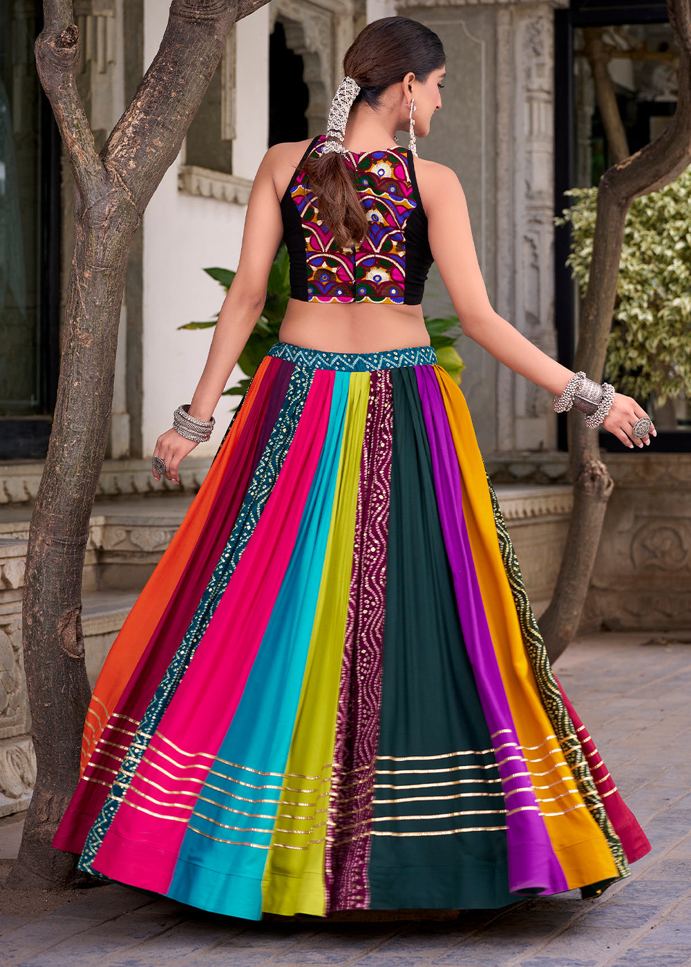 Multicolored Patchwork Rayon Lehenga Set with Gota Patti Detailing & Mirror Work Blouse