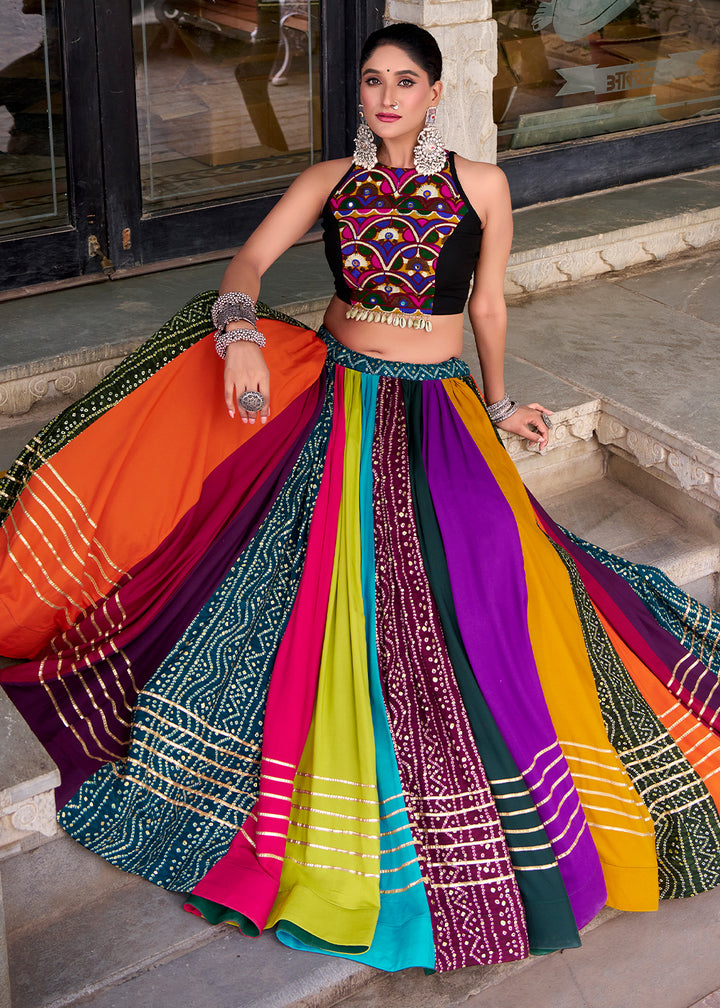 Multicolored Patchwork Rayon Lehenga Set with Gota Patti Detailing &amp; Mirror Work Blouse