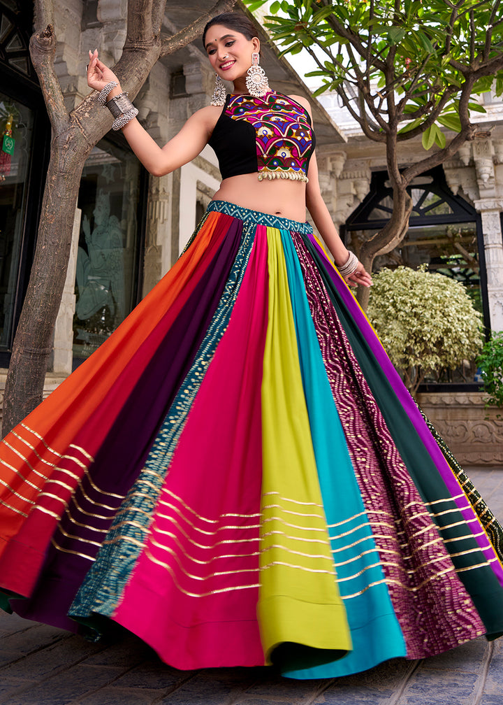 Multicolored Patchwork Rayon Lehenga Set with Gota Patti Detailing &amp; Mirror Work Blouse