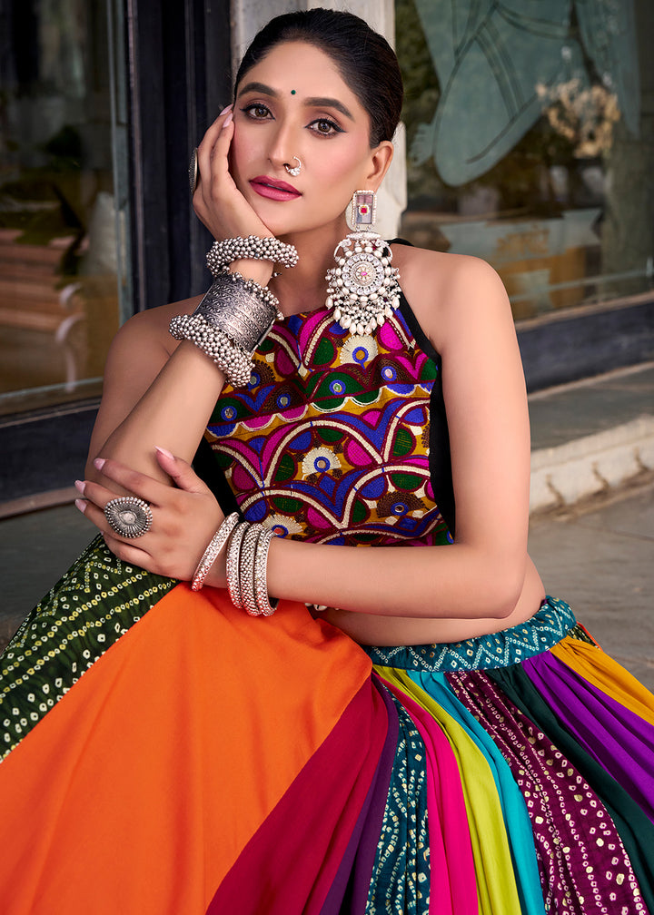 Multicolored Patchwork Rayon Lehenga Set with Gota Patti Detailing &amp; Mirror Work Blouse