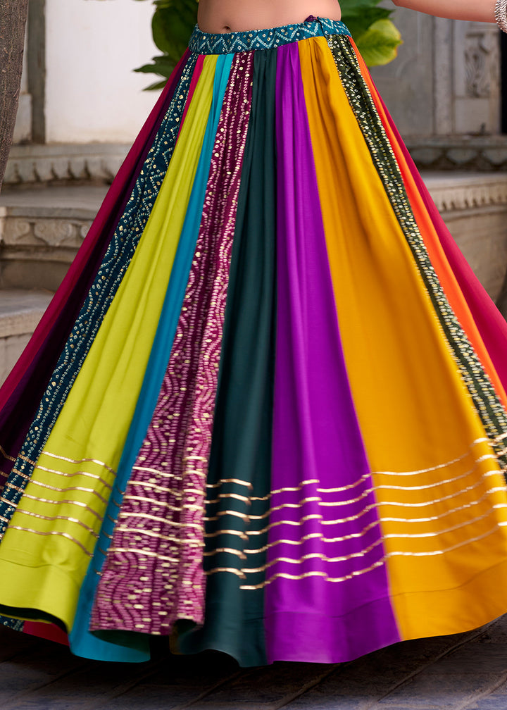 Multicolored Patchwork Rayon Lehenga Set with Gota Patti Detailing &amp; Mirror Work Blouse