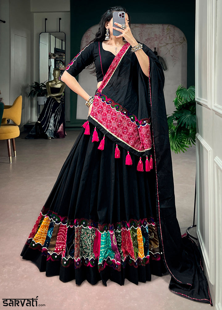 Onyx Black Khadi Cotton Lehenga Choli with Multicolor Patchwork Panels &amp; Gamthi Lace Border