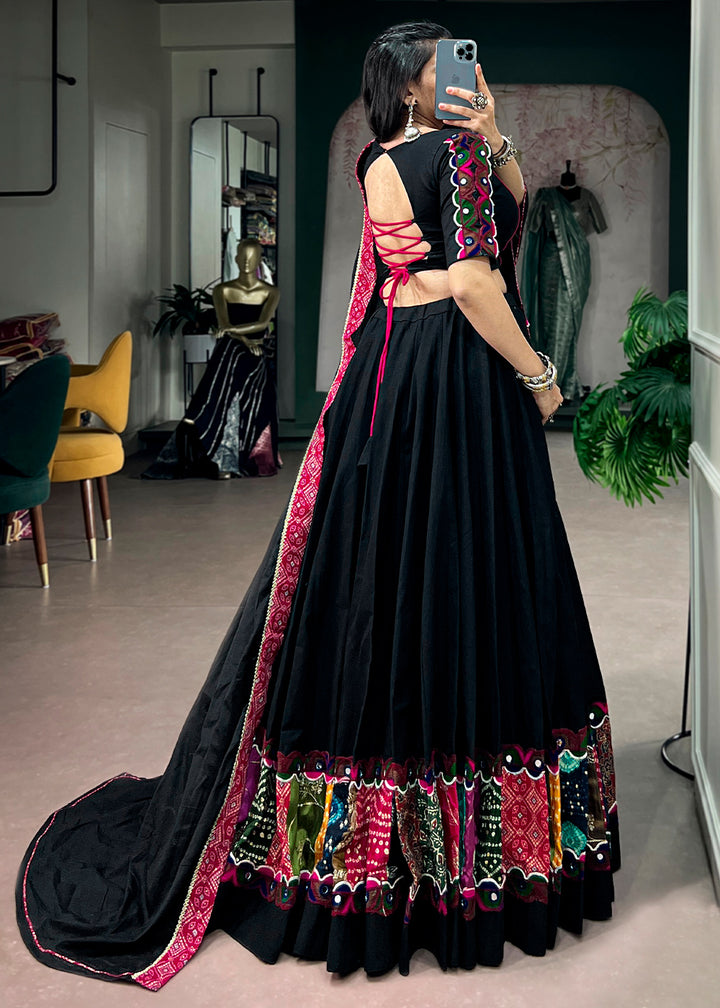 Onyx Black Khadi Cotton Lehenga Choli with Multicolor Patchwork Panels &amp; Gamthi Lace Border