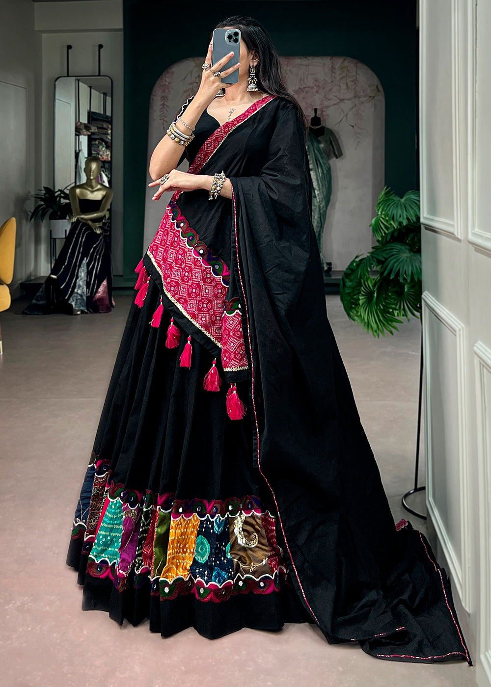 Onyx Black Khadi Cotton Lehenga Choli with Multicolor Patchwork Panels &amp; Gamthi Lace Border