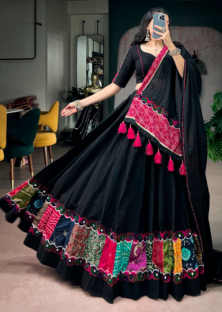 Onyx Black Khadi Cotton Lehenga Choli with Multicolor Patchwork Panels &amp; Gamthi Lace Border