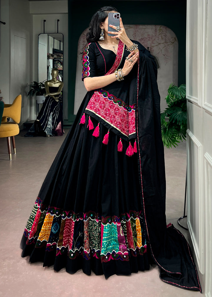 Onyx Black Khadi Cotton Lehenga Choli with Multicolor Patchwork Panels &amp; Gamthi Lace Border