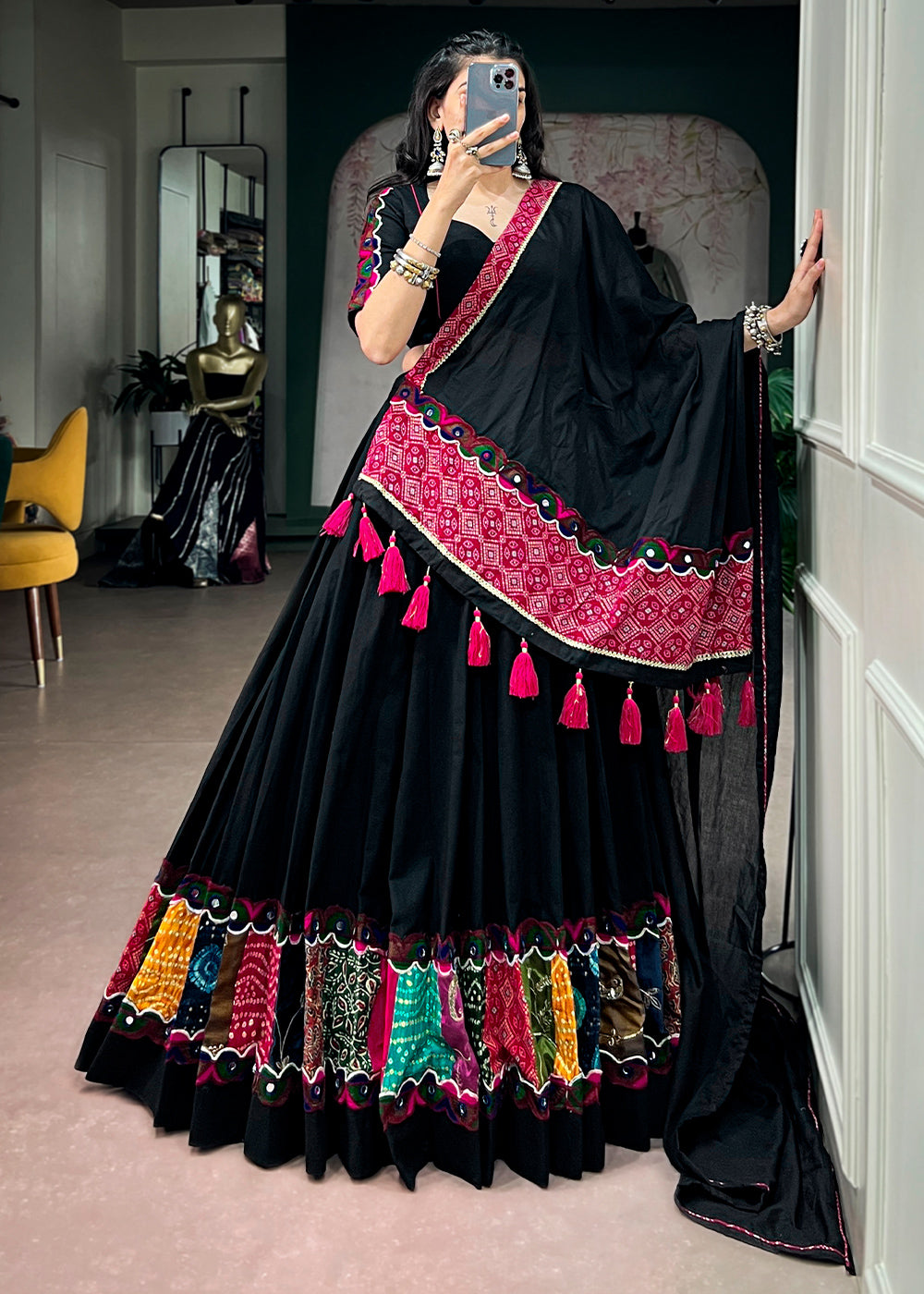 Onyx Black Khadi Cotton Lehenga Choli with Multicolor Patchwork Panels &amp; Gamthi Lace Border