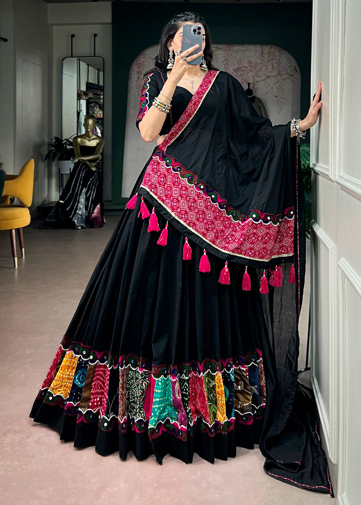 Onyx Black Khadi Cotton Lehenga Choli with Multicolor Patchwork Panels &amp; Gamthi Lace Border