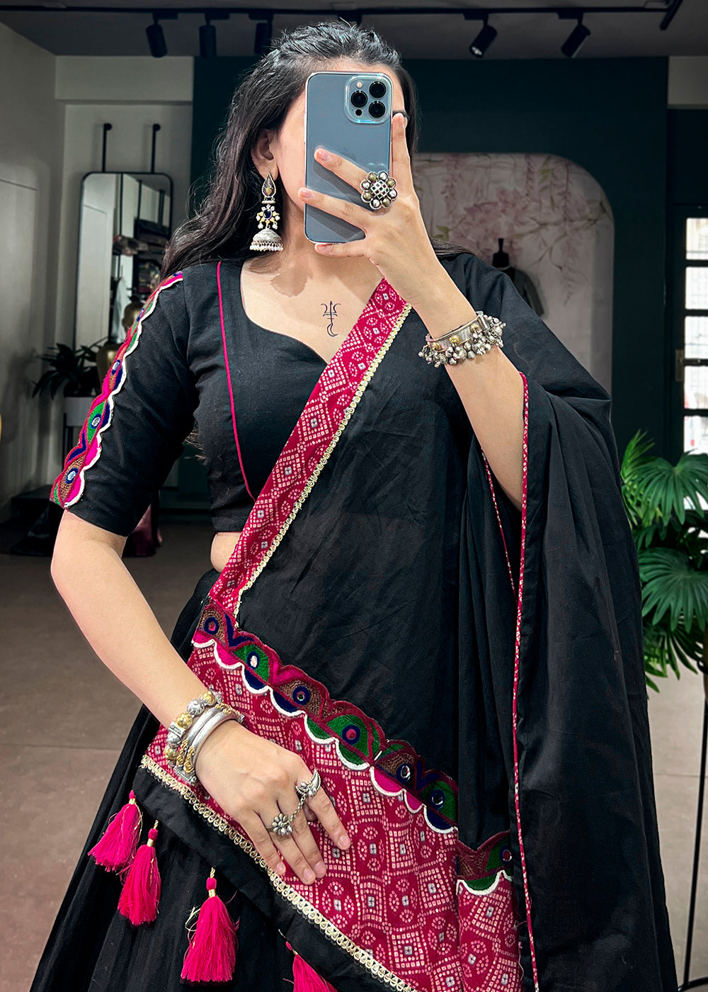 Onyx Black Khadi Cotton Lehenga Choli with Multicolor Patchwork Panels &amp; Gamthi Lace Border