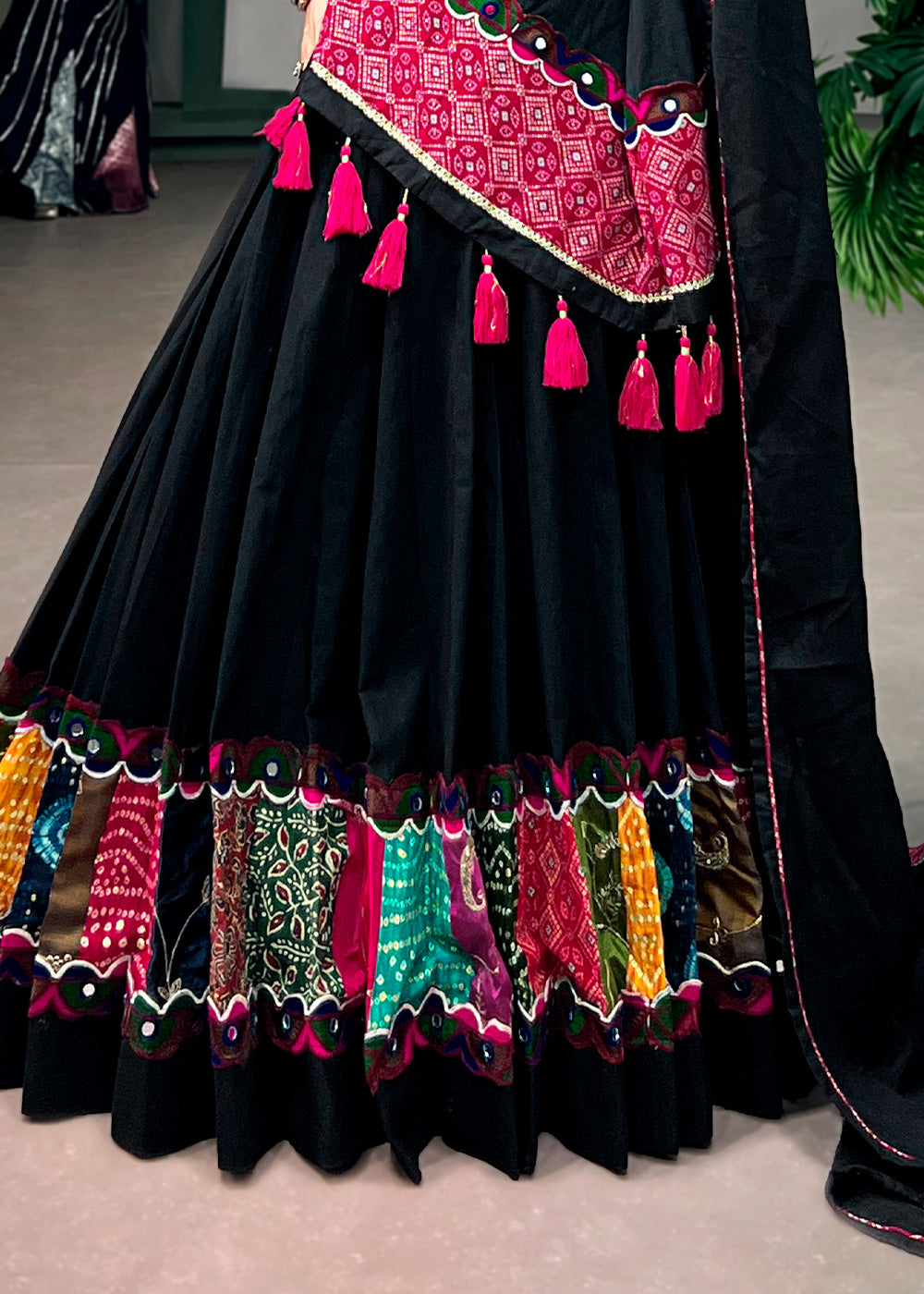 Onyx Black Khadi Cotton Lehenga Choli with Multicolor Patchwork Panels &amp; Gamthi Lace Border