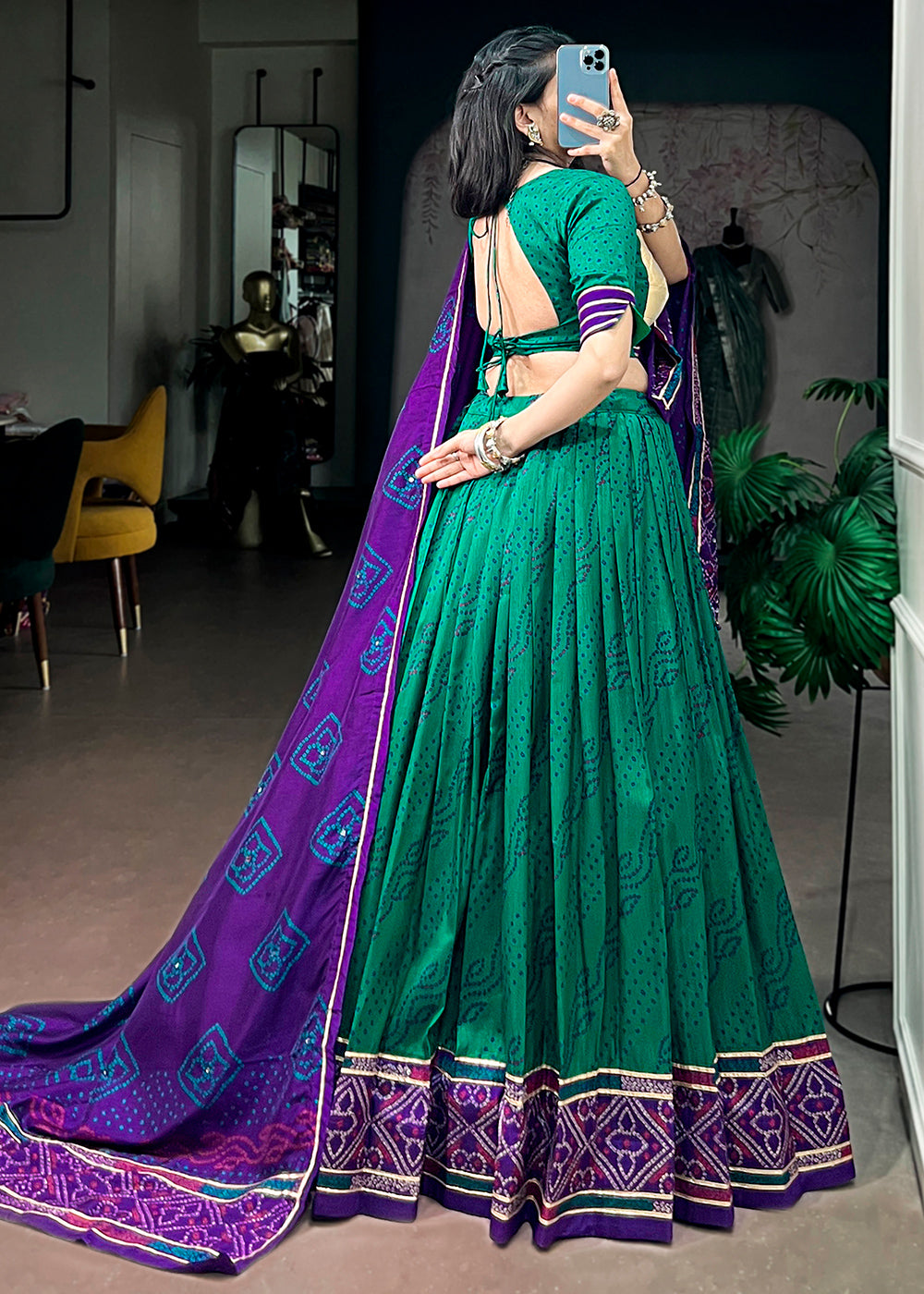 Teal Green & Purple Tussar Silk Bandhej Print Lehenga with Gota Patti Lace & Gamthi Work Blouse