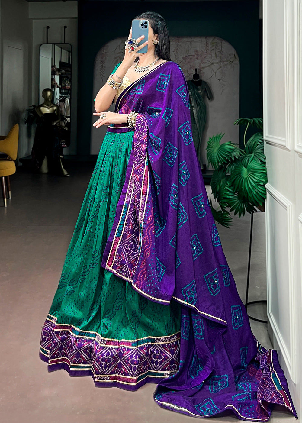 Teal Green &amp; Purple Tussar Silk Bandhej Print Lehenga with Gota Patti Lace &amp; Gamthi Work Blouse