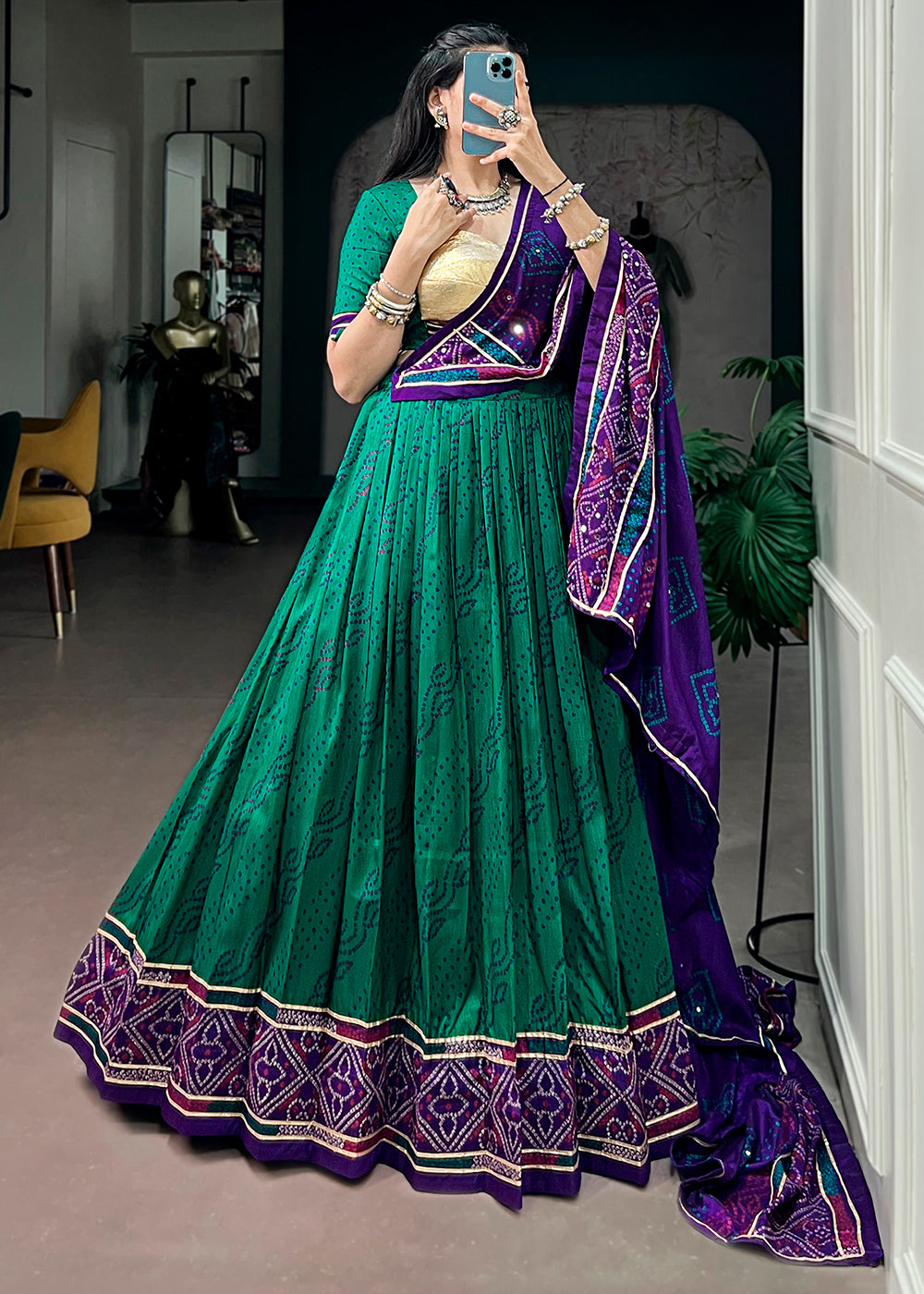 Teal Green &amp; Purple Tussar Silk Bandhej Print Lehenga with Gota Patti Lace &amp; Gamthi Work Blouse