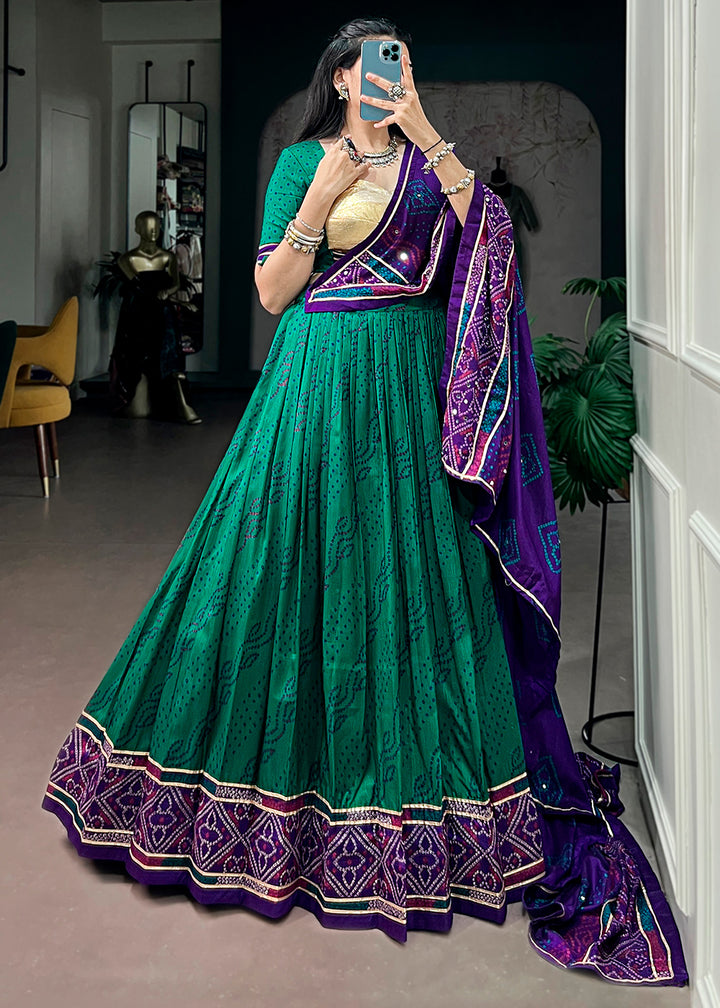 Teal Green &amp; Purple Tussar Silk Bandhej Print Lehenga with Gota Patti Lace &amp; Gamthi Work Blouse