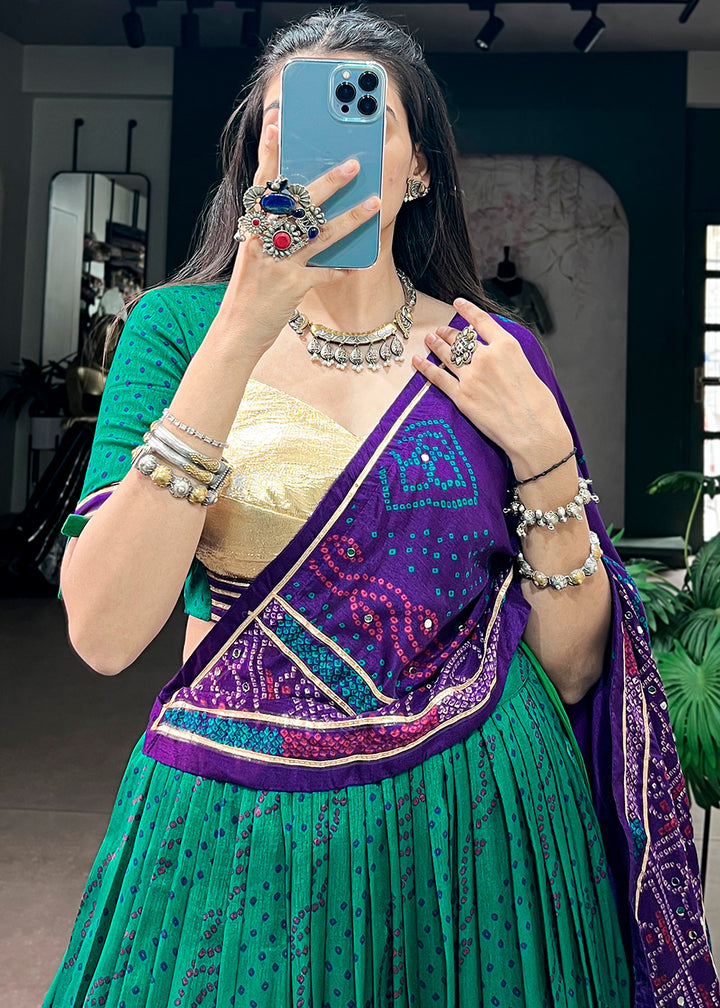 Teal Green &amp; Purple Tussar Silk Bandhej Print Lehenga with Gota Patti Lace &amp; Gamthi Work Blouse