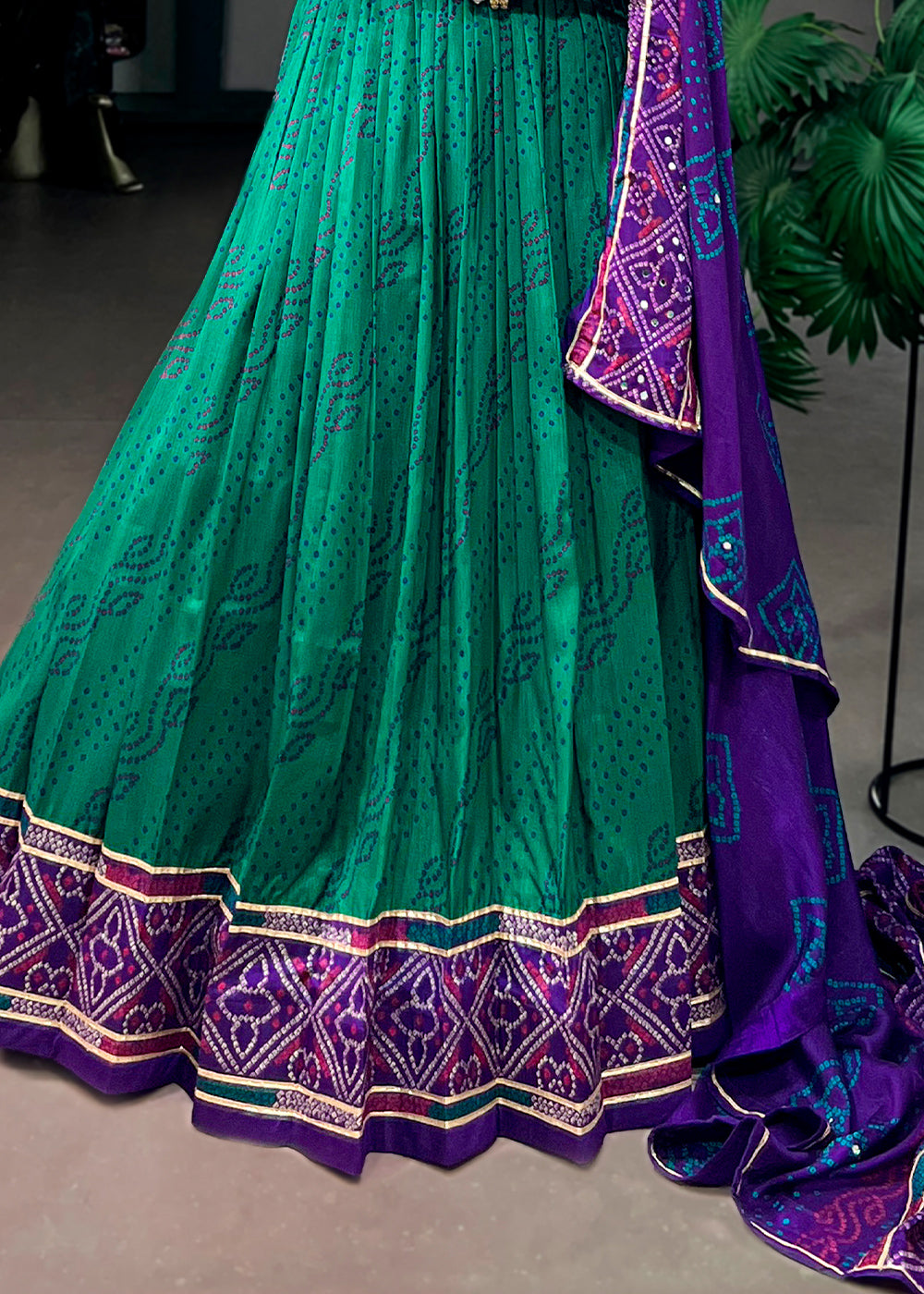 Teal Green &amp; Purple Tussar Silk Bandhej Print Lehenga with Gota Patti Lace &amp; Gamthi Work Blouse