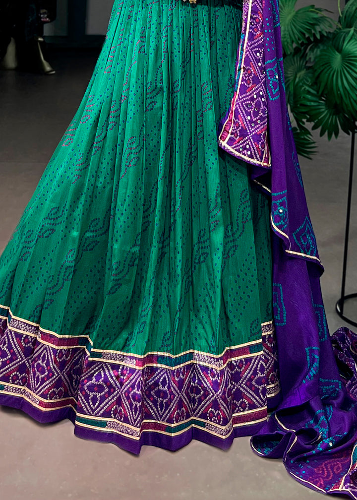 Teal Green &amp; Purple Tussar Silk Bandhej Print Lehenga with Gota Patti Lace &amp; Gamthi Work Blouse