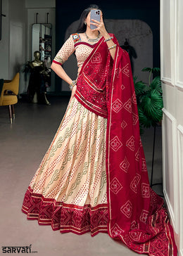 Ivory Cream and Maroon Tussar Silk Bandhej Print Lehenga with Gota Patti Lace & Gamthi Work Blouse