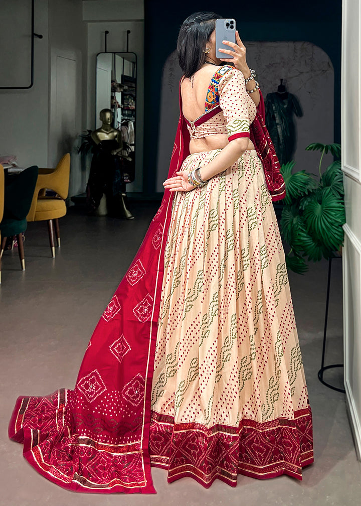 Ivory Cream and Maroon Tussar Silk Bandhej Print Lehenga with Gota Patti Lace &amp; Gamthi Work Blouse