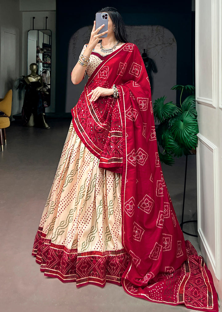 Ivory Cream and Maroon Tussar Silk Bandhej Print Lehenga with Gota Patti Lace &amp; Gamthi Work Blouse