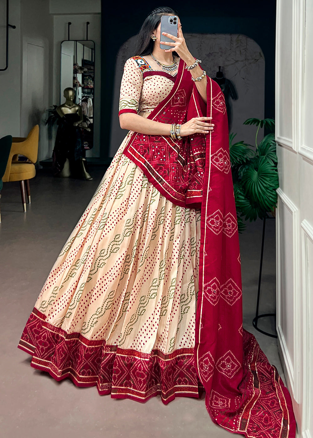 Ivory Cream and Maroon Tussar Silk Bandhej Print Lehenga with Gota Patti Lace &amp; Gamthi Work Blouse
