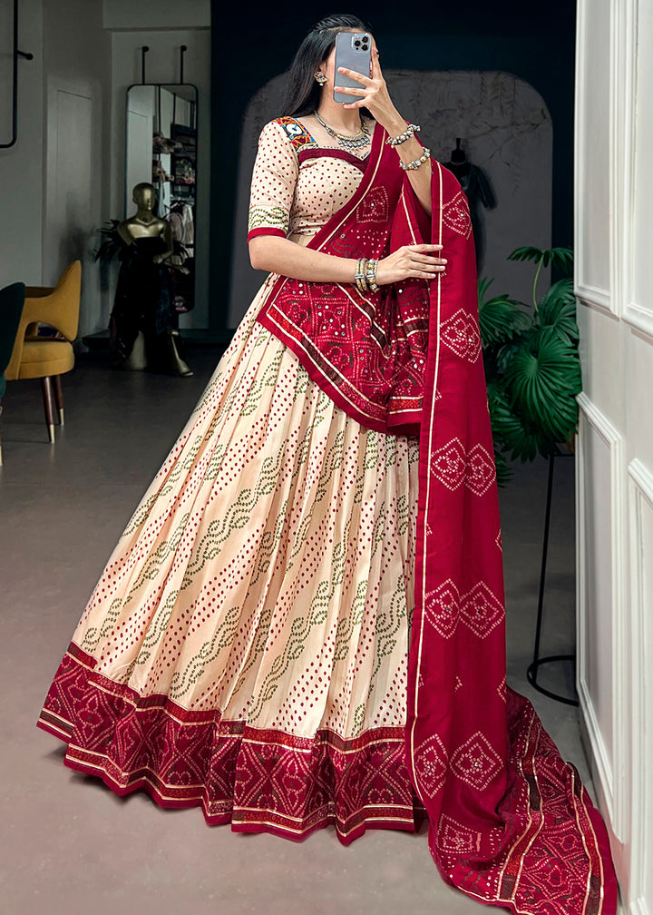 Ivory Cream and Maroon Tussar Silk Bandhej Print Lehenga with Gota Patti Lace &amp; Gamthi Work Blouse