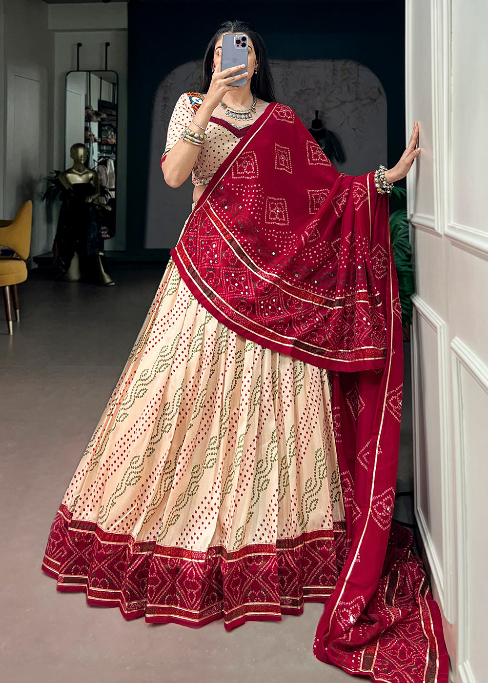 Ivory Cream and Maroon Tussar Silk Bandhej Print Lehenga with Gota Patti Lace &amp; Gamthi Work Blouse