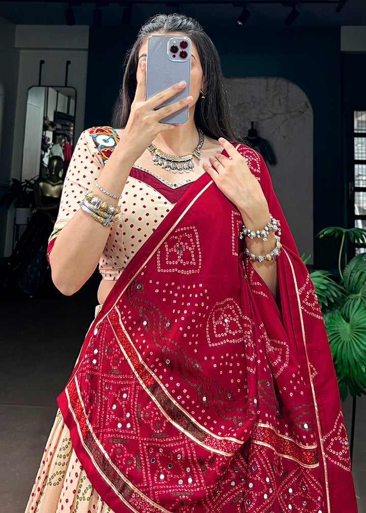 Ivory Cream and Maroon Tussar Silk Bandhej Print Lehenga with Gota Patti Lace &amp; Gamthi Work Blouse