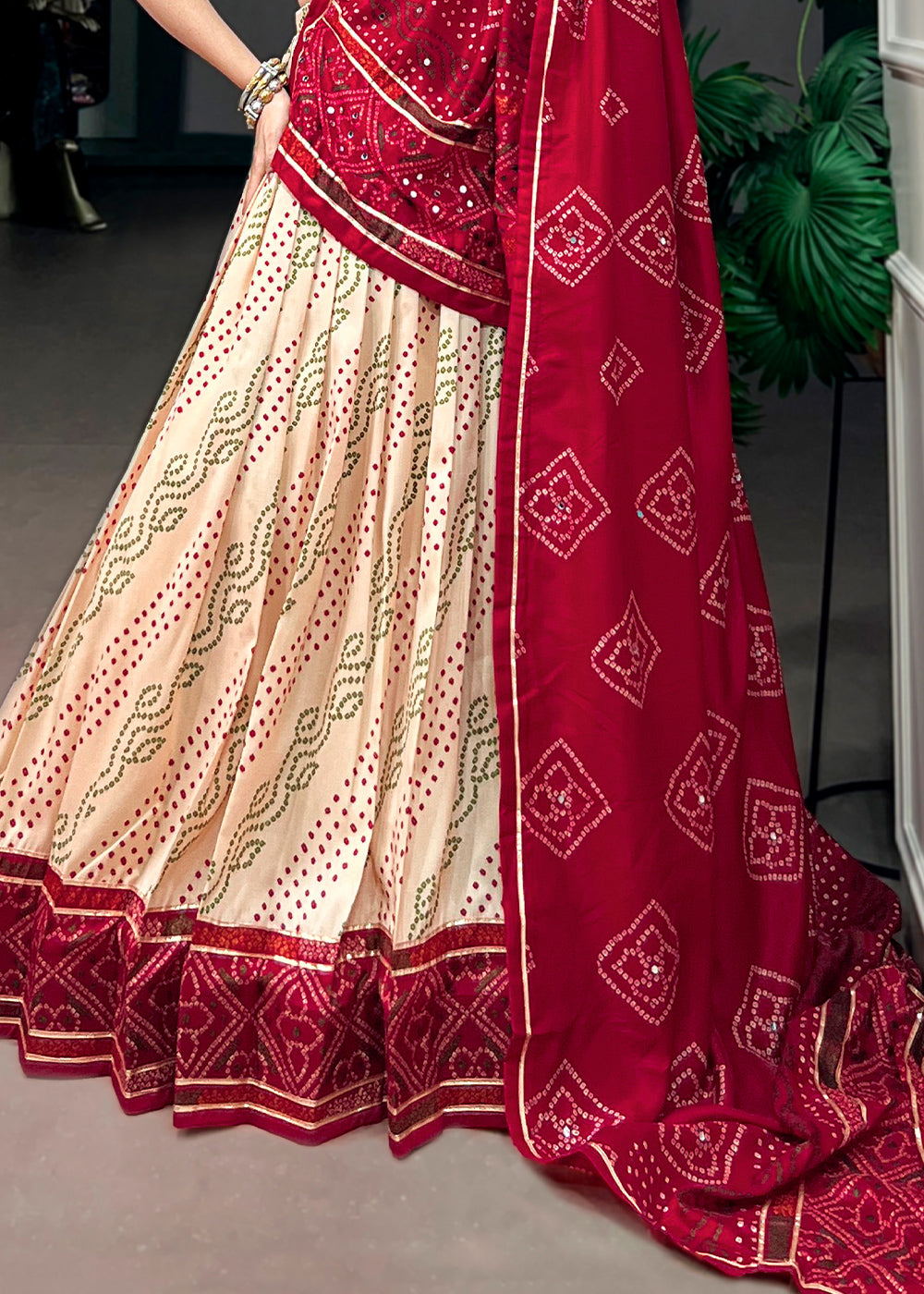 Ivory Cream and Maroon Tussar Silk Bandhej Print Lehenga with Gota Patti Lace &amp; Gamthi Work Blouse