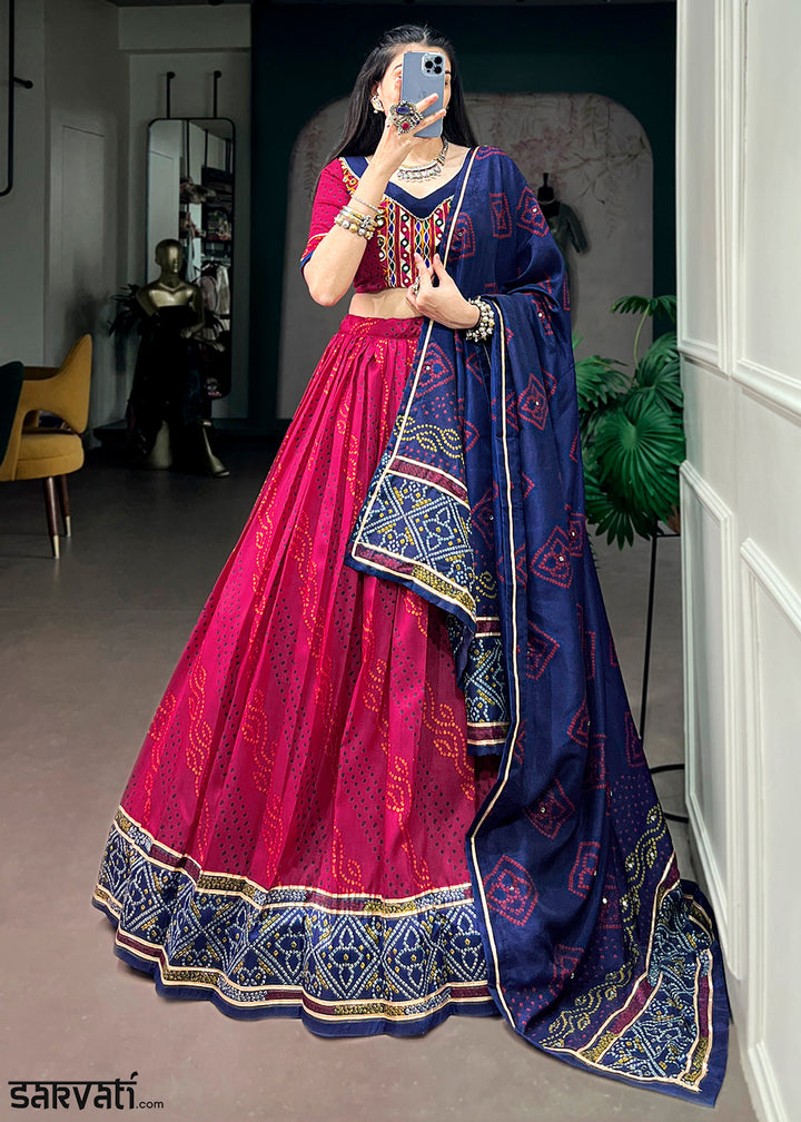 Rani Pink and Navy Blue Tussar Silk Bandhej Print Lehenga with Gota Patti Lace &amp; Gamthi Work Blouse