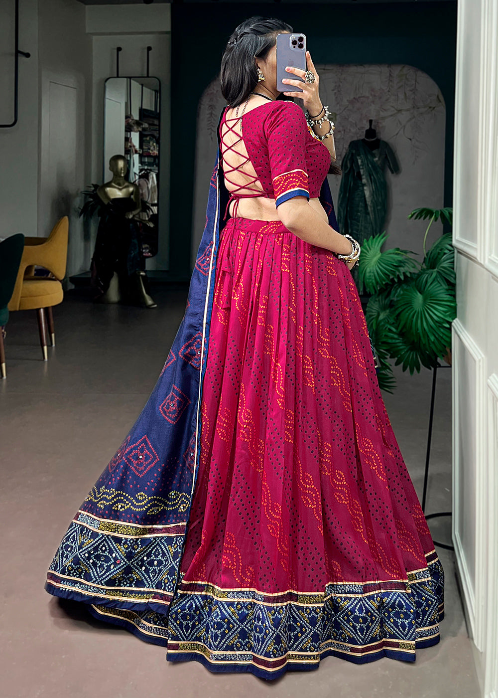 Rani Pink and Navy Blue Tussar Silk Bandhej Print Lehenga with Gota Patti Lace &amp; Gamthi Work Blouse