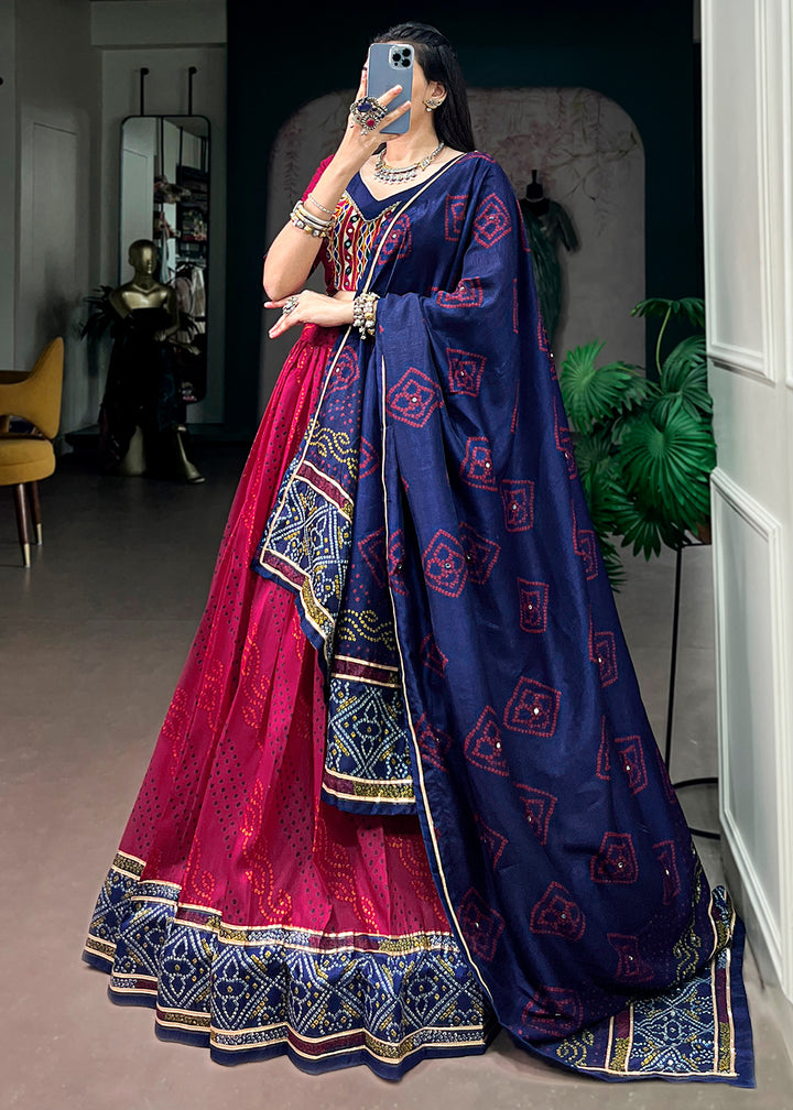 Rani Pink and Navy Blue Tussar Silk Bandhej Print Lehenga with Gota Patti Lace &amp; Gamthi Work Blouse