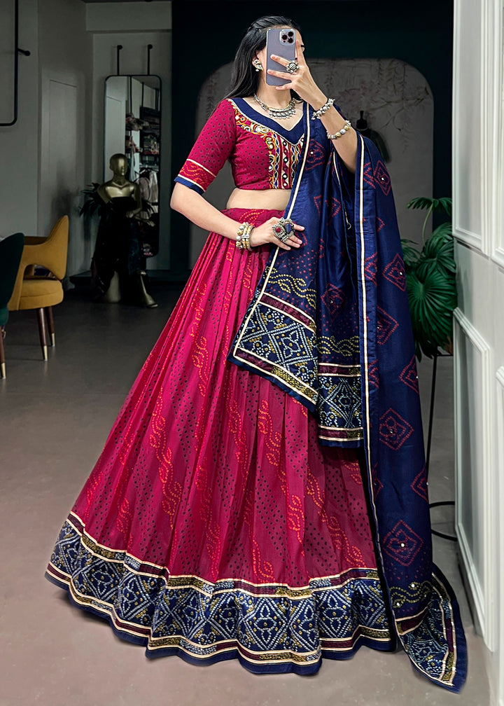 Rani Pink and Navy Blue Tussar Silk Bandhej Print Lehenga with Gota Patti Lace &amp; Gamthi Work Blouse