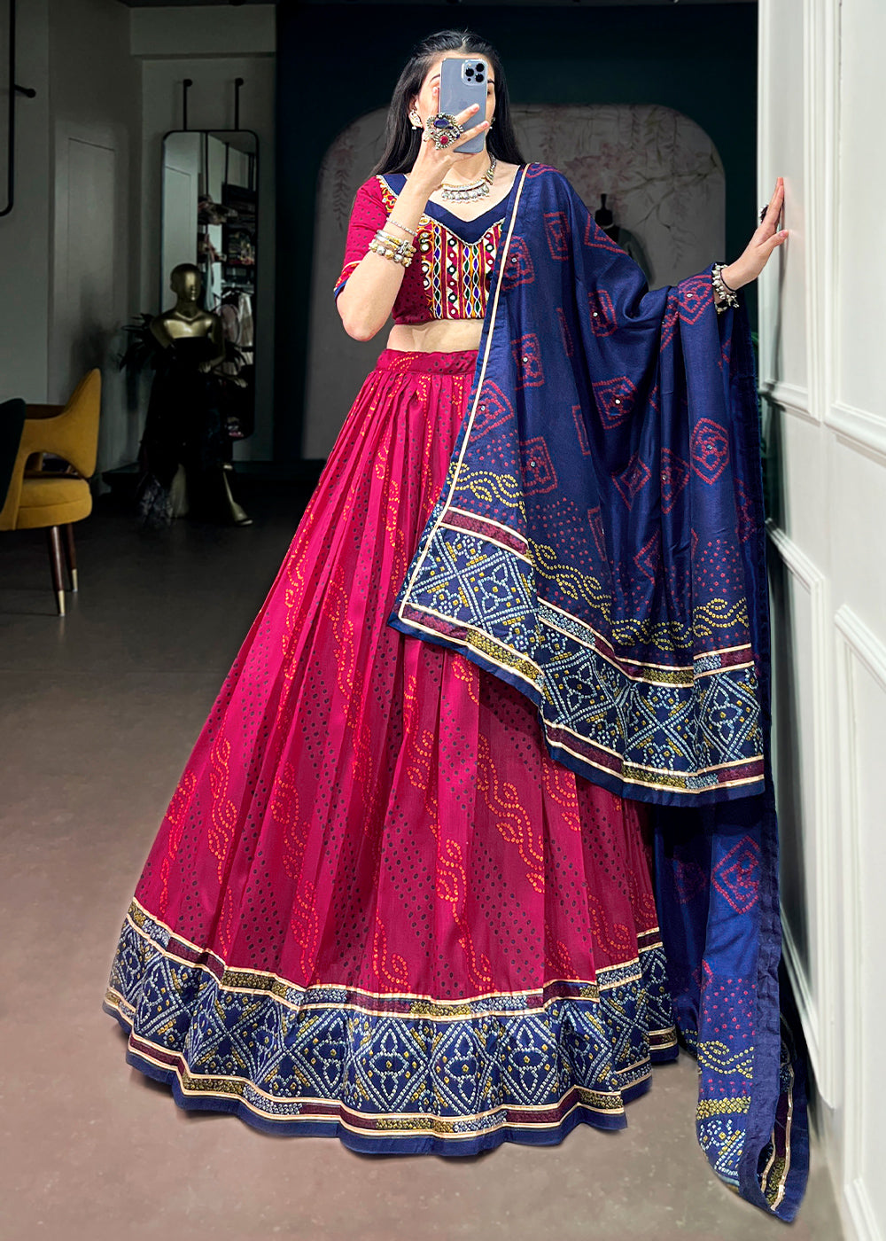 Rani Pink and Navy Blue Tussar Silk Bandhej Print Lehenga with Gota Patti Lace &amp; Gamthi Work Blouse