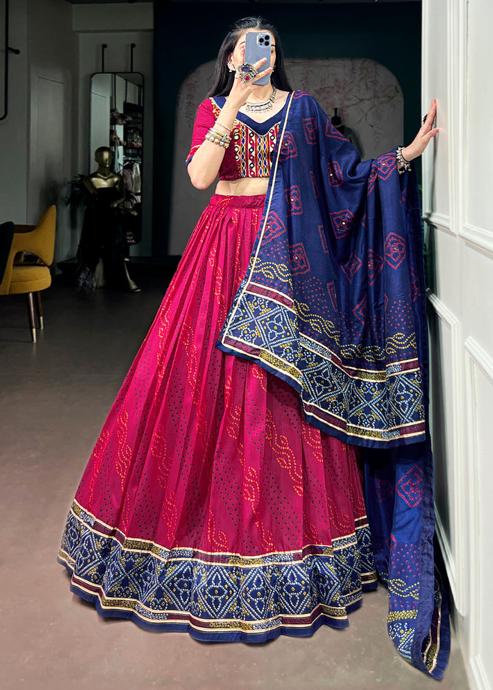 Rani Pink and Navy Blue Tussar Silk Bandhej Print Lehenga with Gota Patti Lace &amp; Gamthi Work Blouse