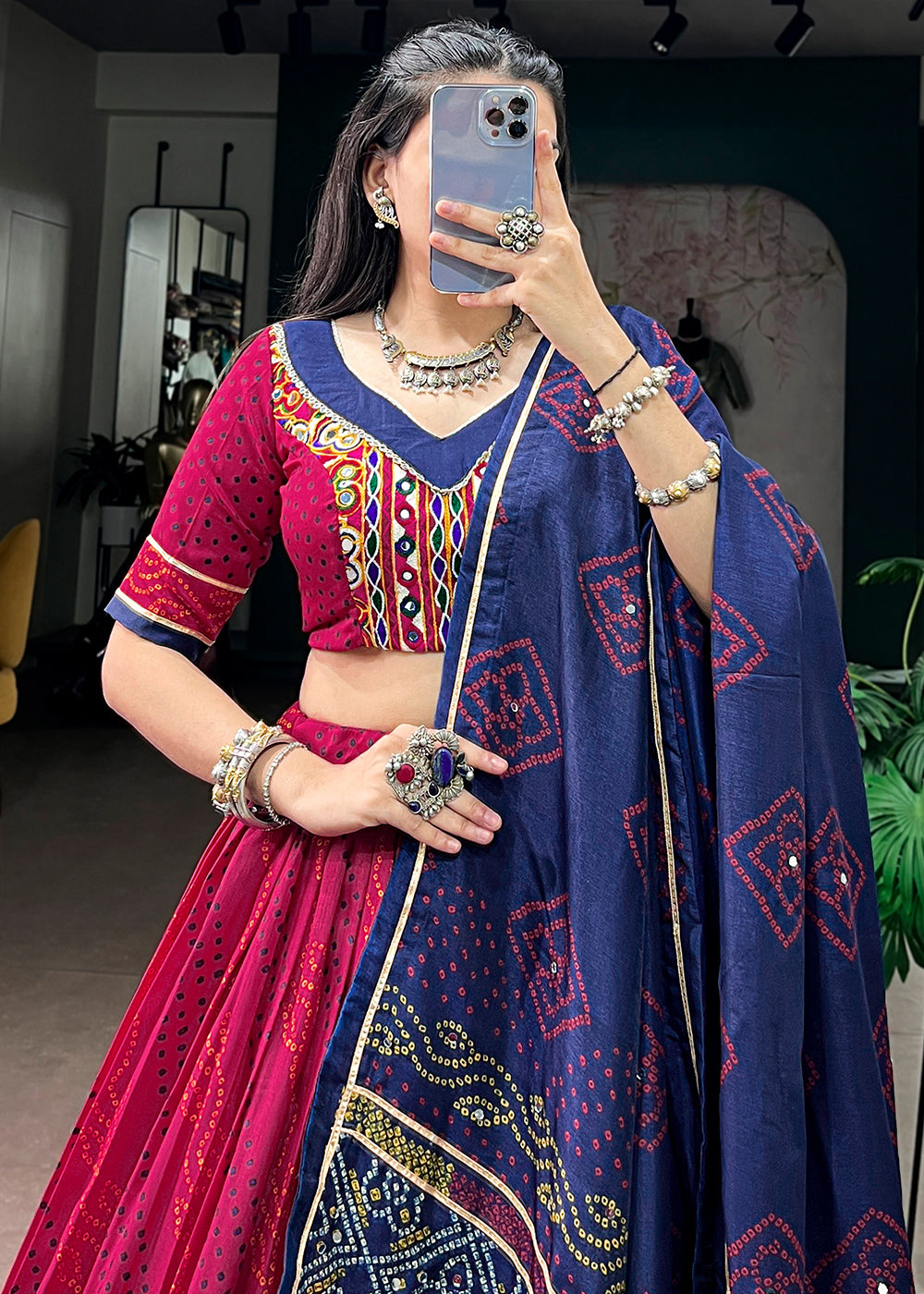 Rani Pink and Navy Blue Tussar Silk Bandhej Print Lehenga with Gota Patti Lace &amp; Gamthi Work Blouse