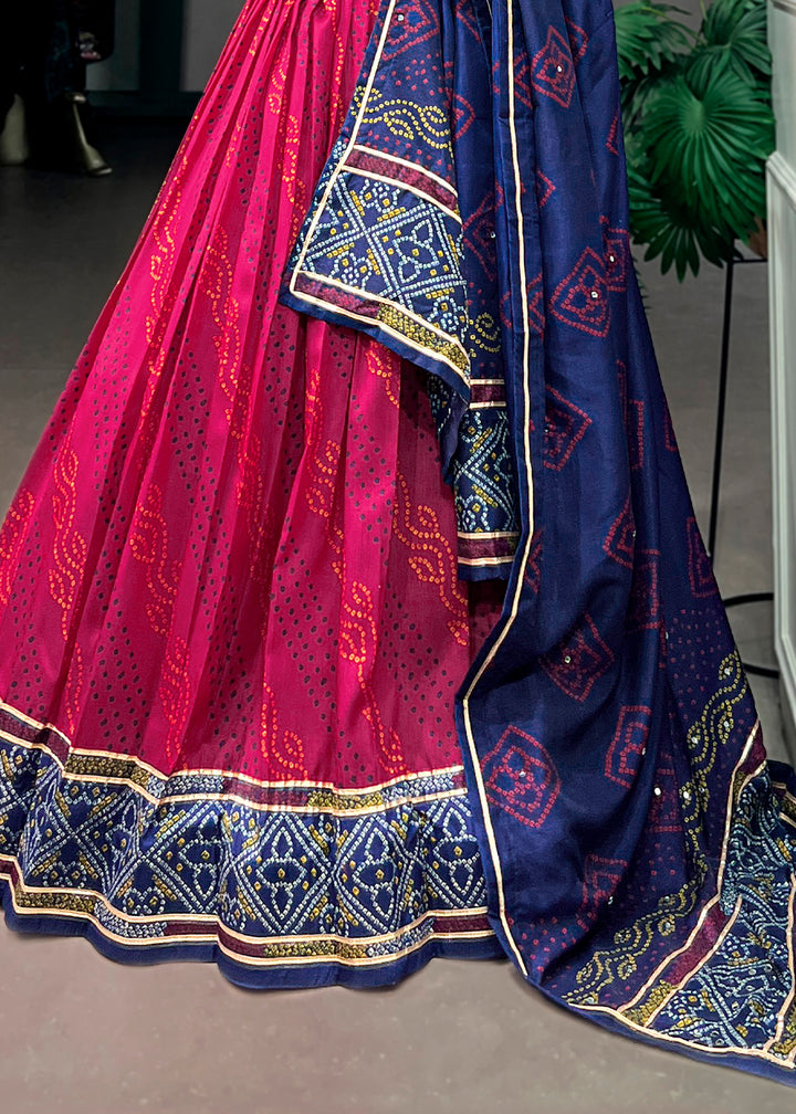 Rani Pink and Navy Blue Tussar Silk Bandhej Print Lehenga with Gota Patti Lace &amp; Gamthi Work Blouse