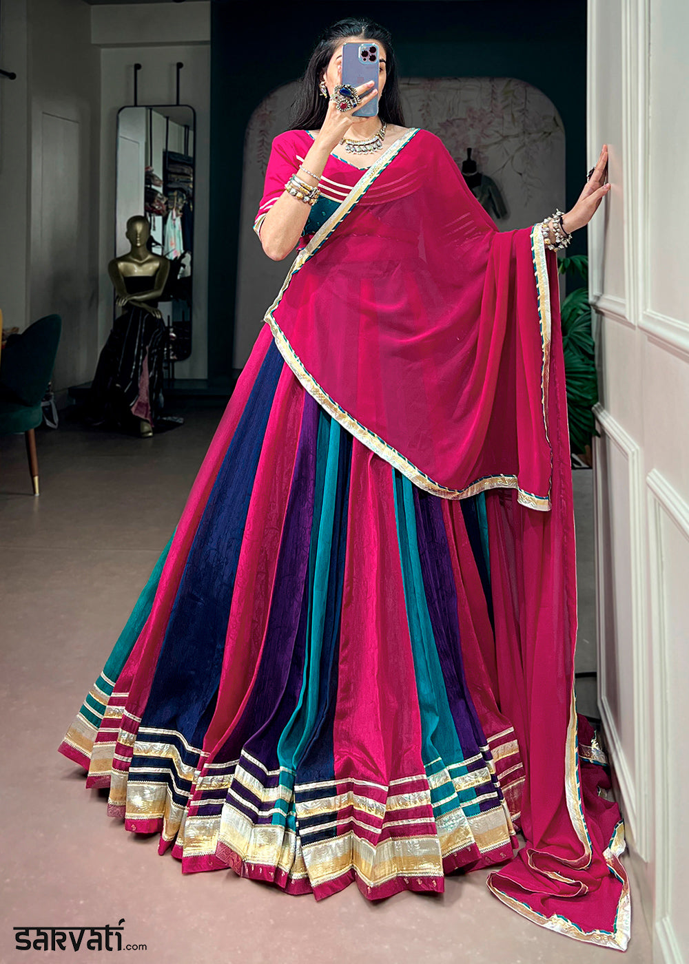 Rani Pink Multicolor Chinon Lehenga Choli with Gotta Patti Lace &amp; Tassel Detailing