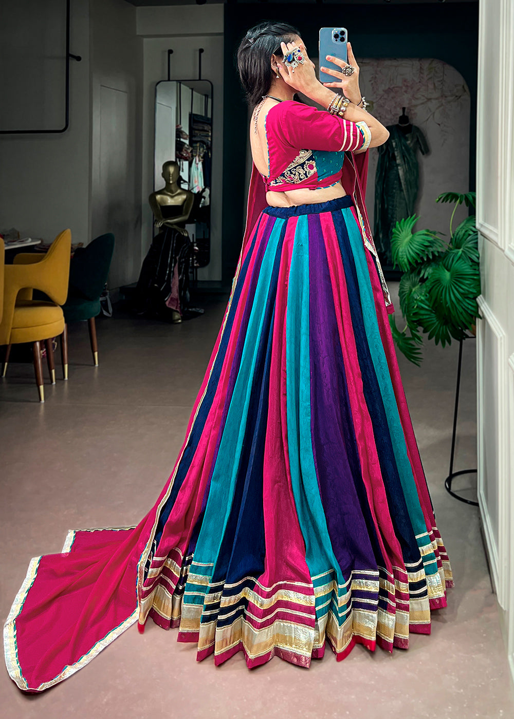 Rani Pink Multicolor Chinon Lehenga Choli with Gotta Patti Lace &amp; Tassel Detailing