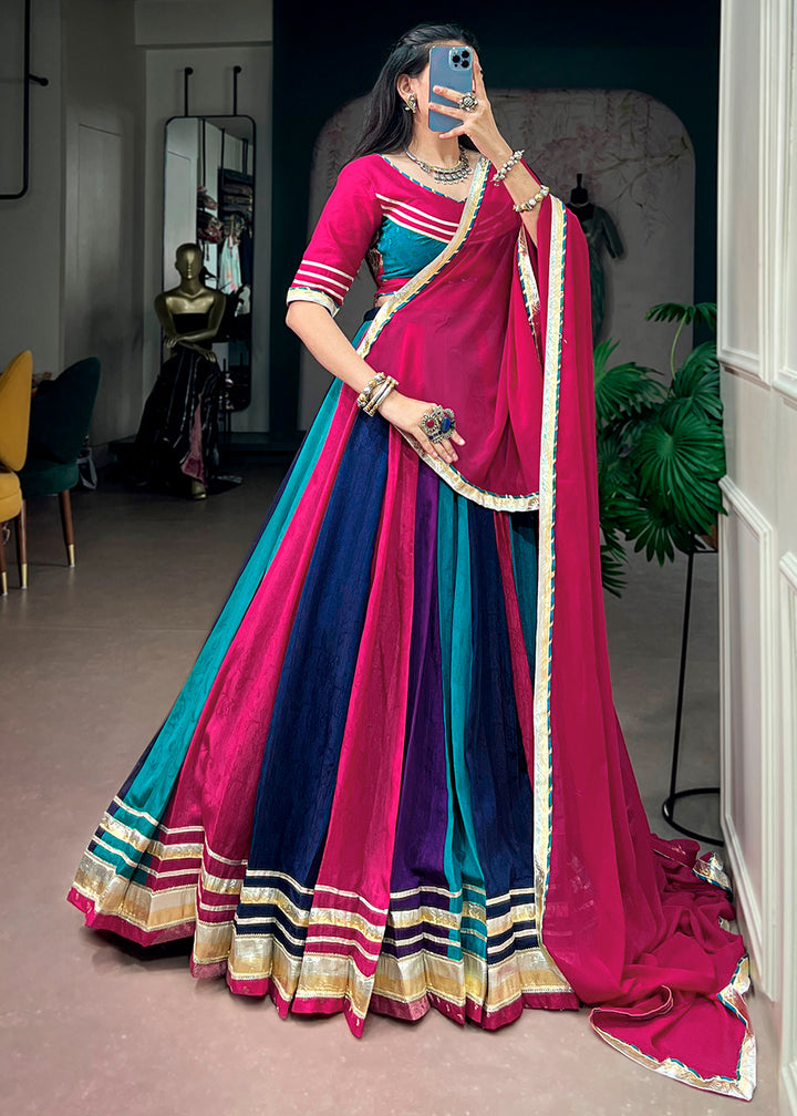 Rani Pink Multicolor Chinon Lehenga Choli with Gotta Patti Lace &amp; Tassel Detailing