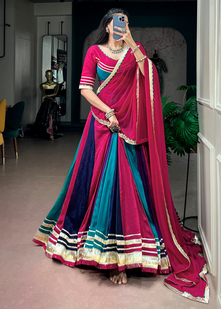 Rani Pink Multicolor Chinon Lehenga Choli with Gotta Patti Lace &amp; Tassel Detailing