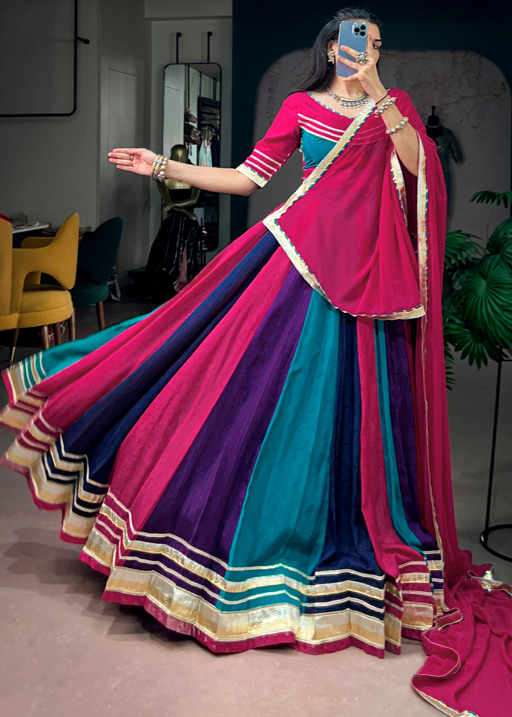 Rani Pink Multicolor Chinon Lehenga Choli with Gotta Patti Lace &amp; Tassel Detailing