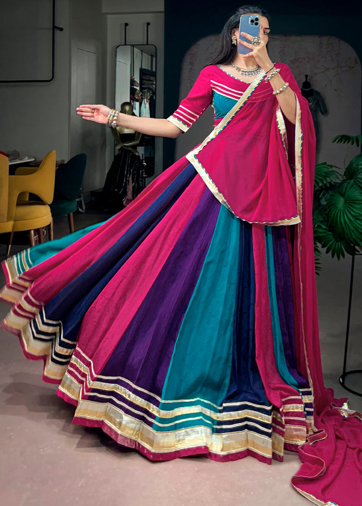 Rani Pink Multicolor Chinon Lehenga Choli with Gotta Patti Lace &amp; Tassel Detailing