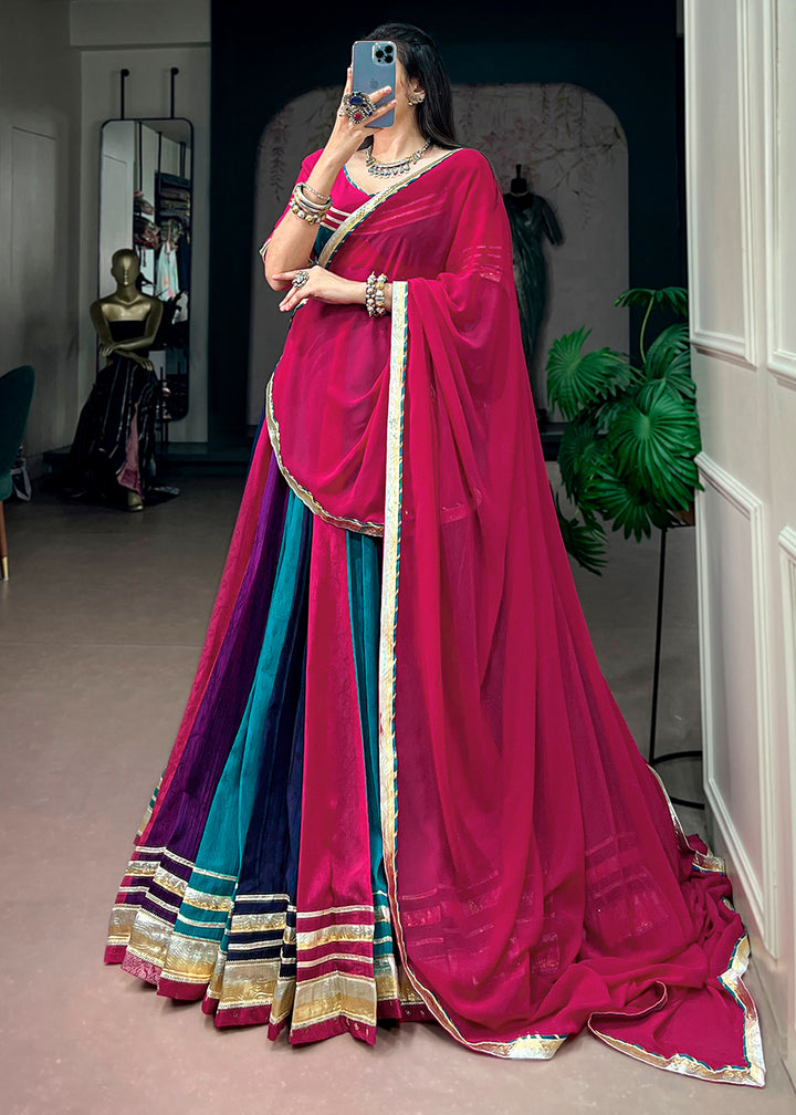 Rani Pink Multicolor Chinon Lehenga Choli with Gotta Patti Lace &amp; Tassel Detailing