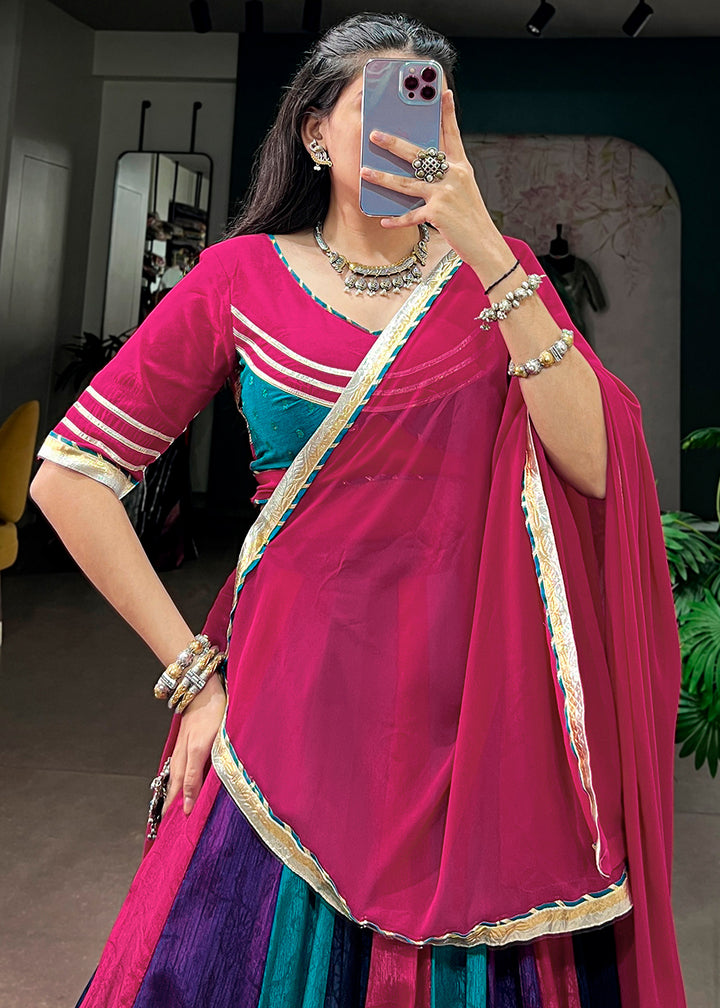 Rani Pink Multicolor Chinon Lehenga Choli with Gotta Patti Lace &amp; Tassel Detailing