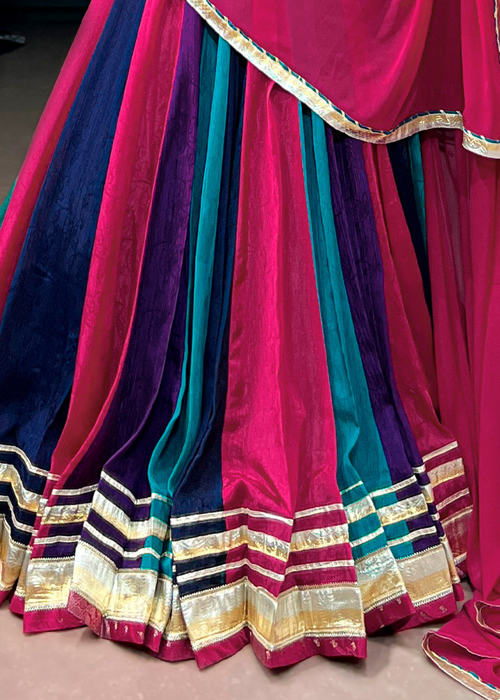 Rani Pink Multicolor Chinon Lehenga Choli with Gotta Patti Lace &amp; Tassel Detailing