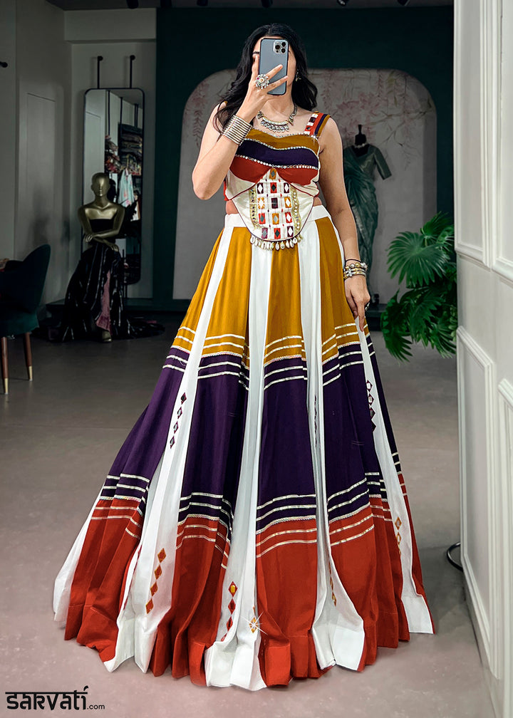 Multicolored Striped Rayon Navratri Lehenga Choli with Gamthi Mirror Work &amp; Gota Patti Lace