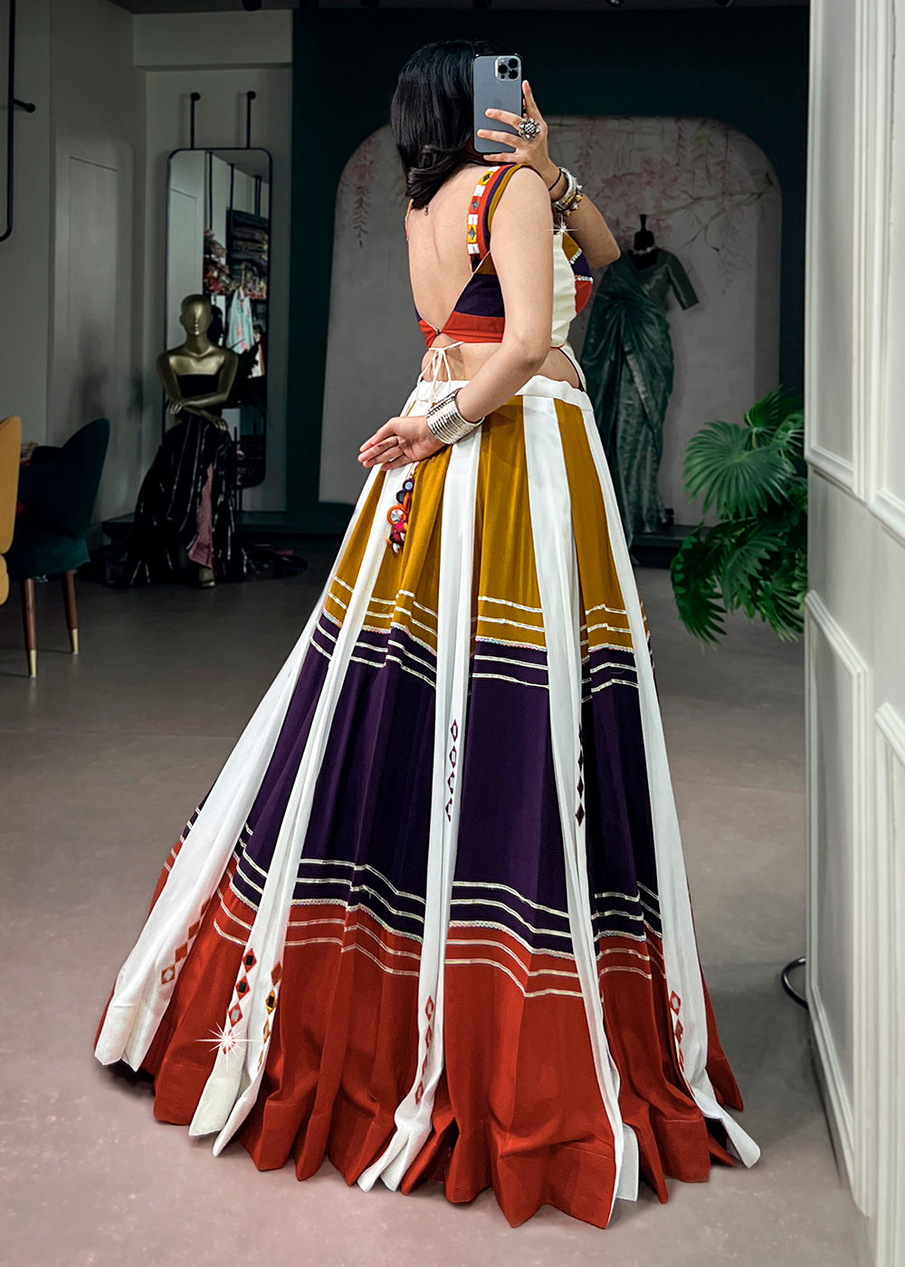 Multicolored Striped Rayon Navratri Lehenga Choli with Gamthi Mirror Work &amp; Gota Patti Lace